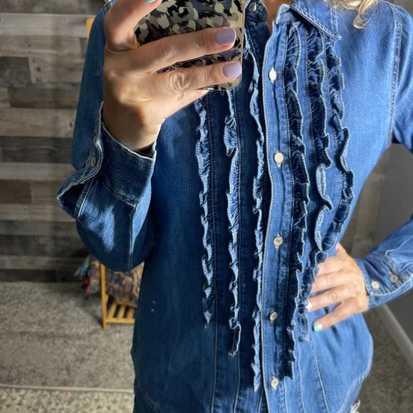 Vintage Tops - Vintage St John's Bay Denim Ruffle Front Button To